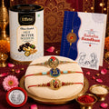 Om Rakhi for Brother with Butter Scotch 96gm, Roli Tikka & Card - Pack of 7