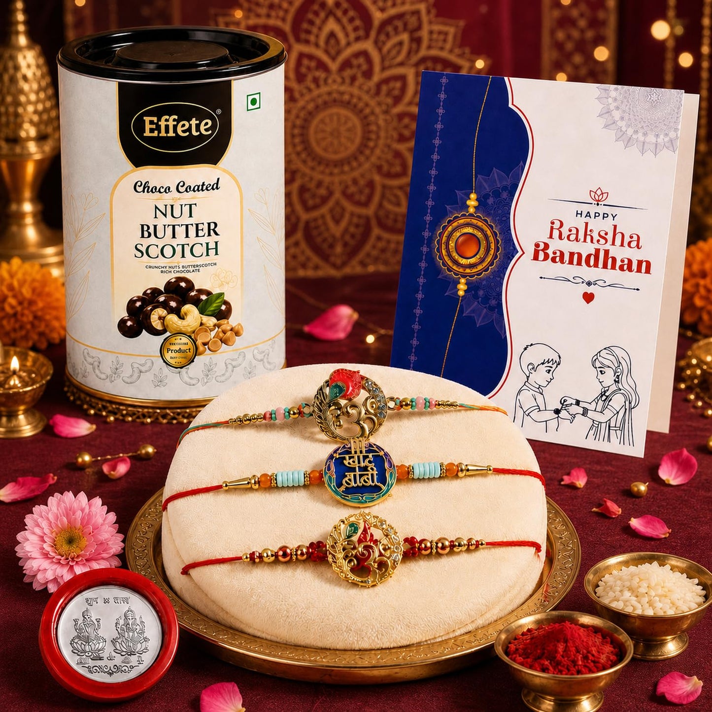 Om Rakhi for Brother with Butter Scotch 96gm, Roli Tikka & Card - Pack of 7