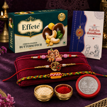 Rakhi Set for Brother (Set of 7) – Radha Krishna, Food & Bird Design Rakhi Combo with Chocolate, Roli Chawal, Silver Color Coin & Greeting Card – Raksha Bandhan Pack (K3_1065+1684+1220_BS32)