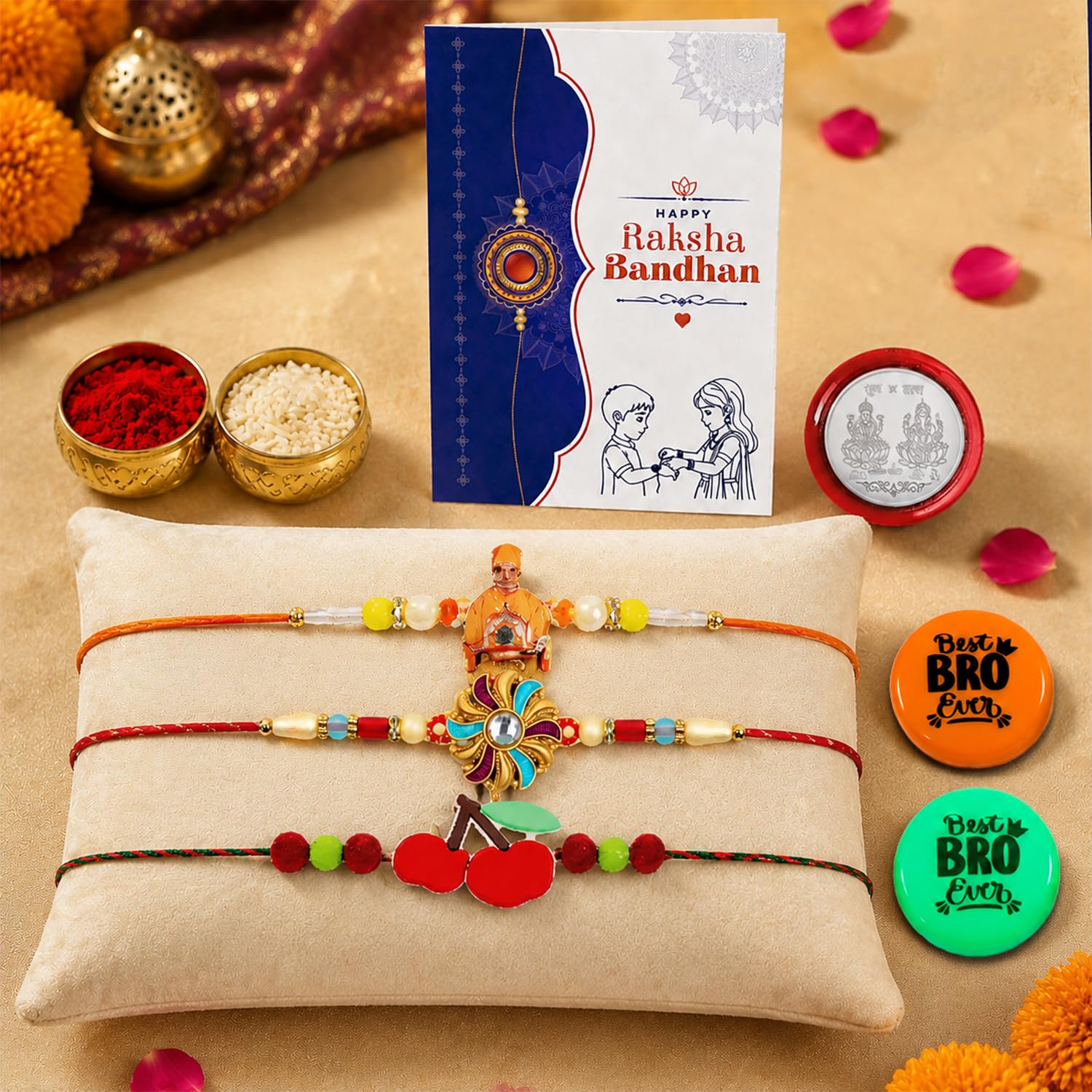 Multicolor Rakhi Deity Charm,Kundan,Cherry Charm & Multicolour | Pack of 8