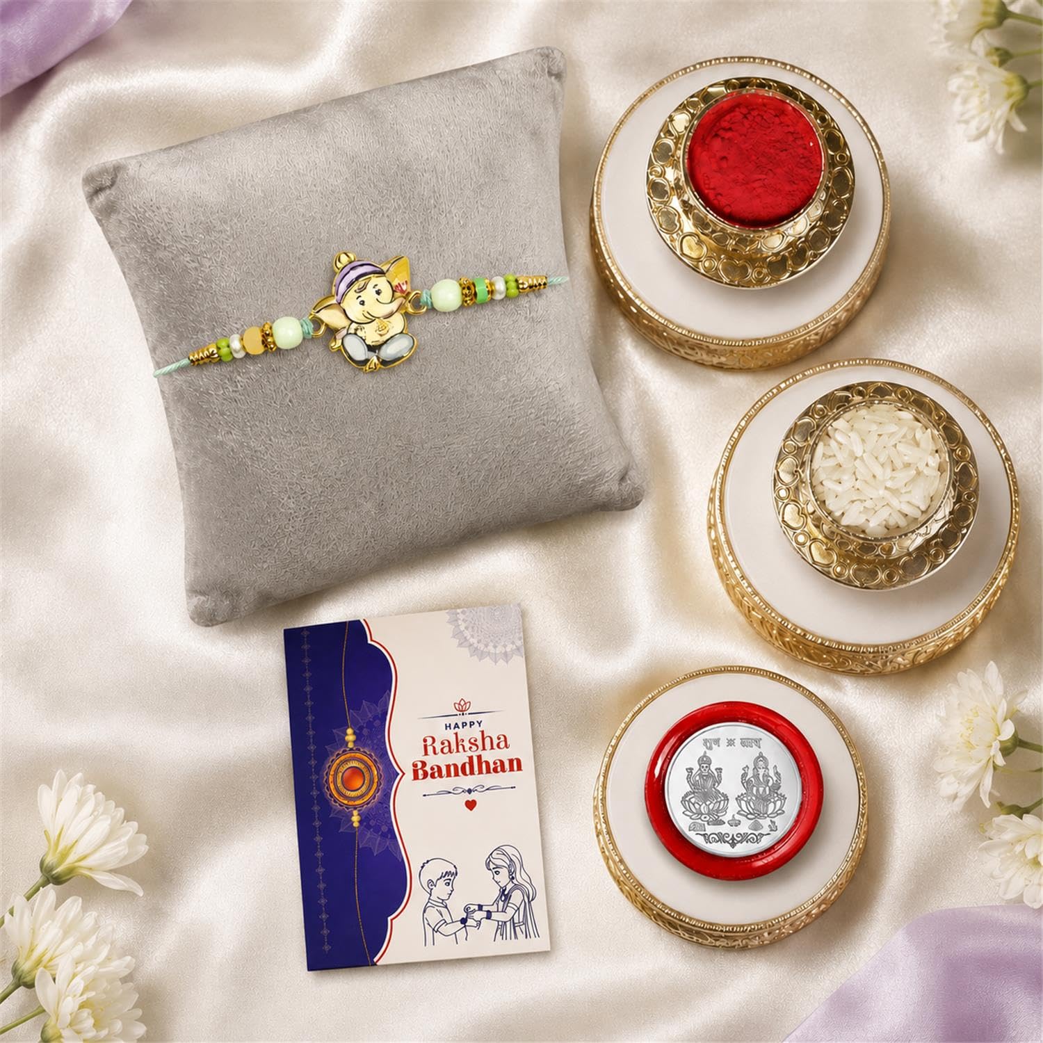 Ganesha Beads Rakhi for Brother with Tilak Set, Pooja Coin & Card, Rakhi Set (V3)