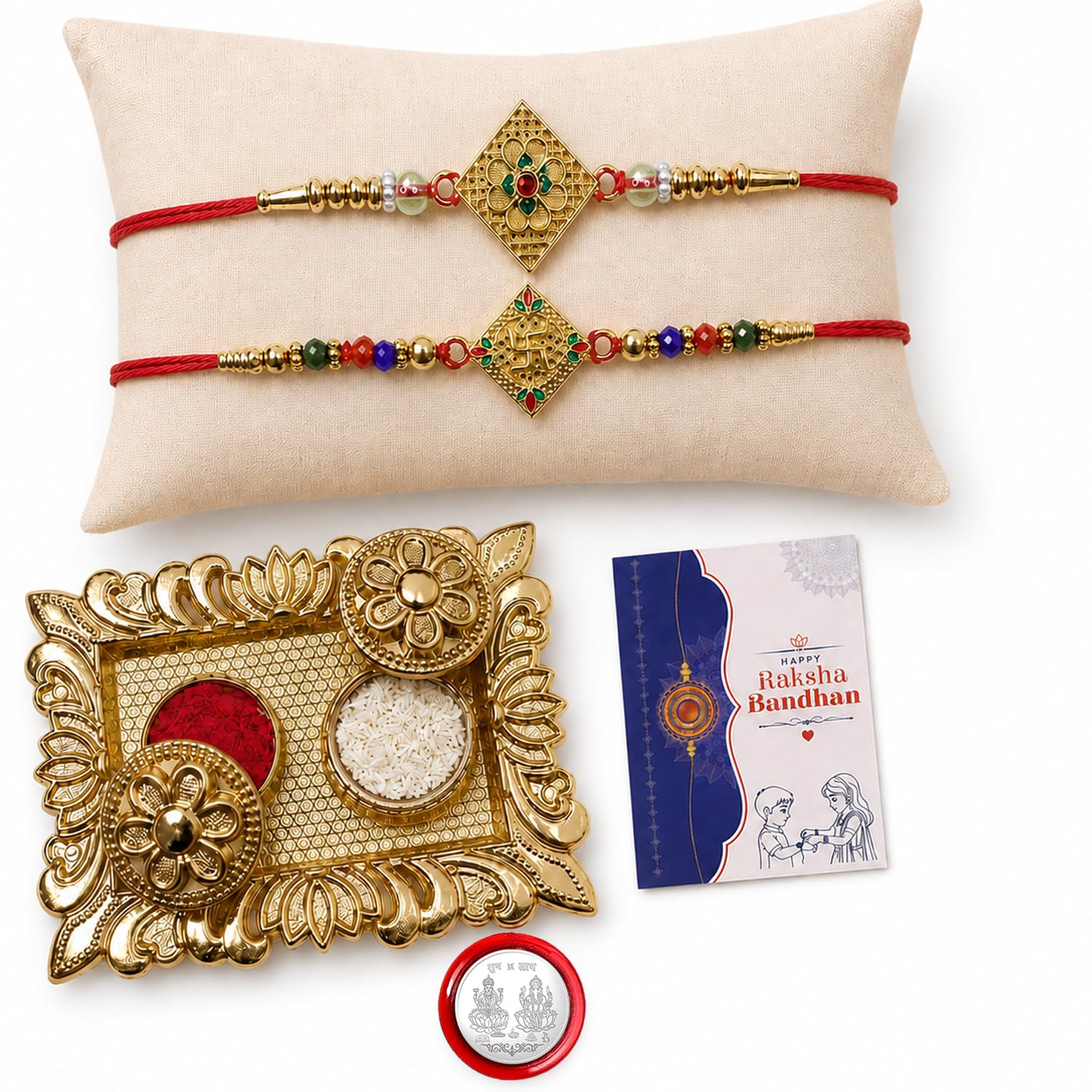 Diamond, Swastik Rakhi Combo - Raksha Bandhan Gift with Rectangular Pooja Thali, Pack of 6