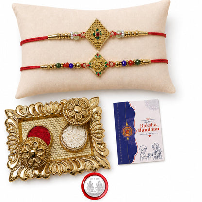 Diamond, Swastik Rakhi Combo - Raksha Bandhan Gift with Rectangular Pooja Thali, Pack of 6