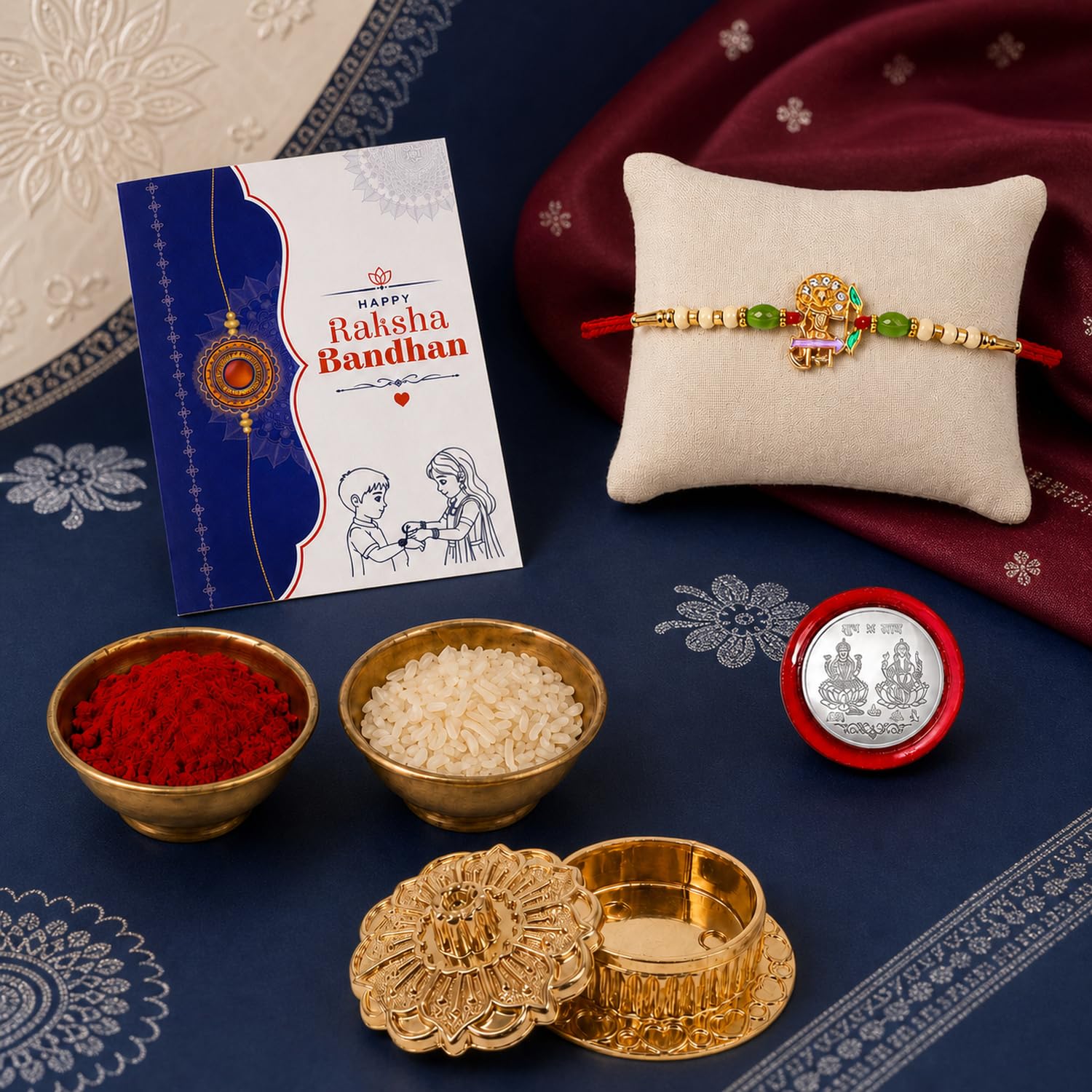 Ram Multicolor Rakhi for Brother & Bhaiya with Golden Pooja Kankavati | Pack of 5