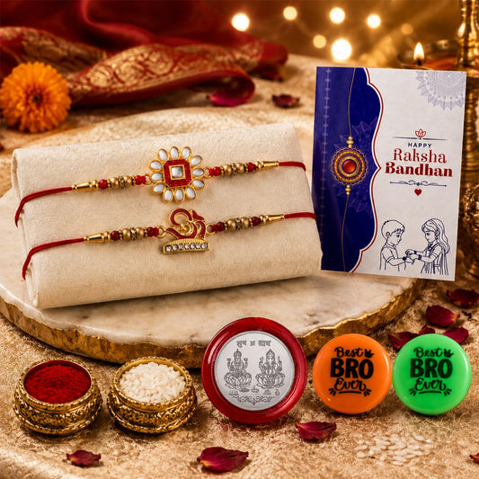 Rakhi Set for Brother (Set of 2) – Om & Meenakari Design Rakhi Combo with Roli Chawal, Silver Color Coin, Multicolour Magnets & Greeting Card – Traditional Raksha Bandhan Gift Hamper for Bhai