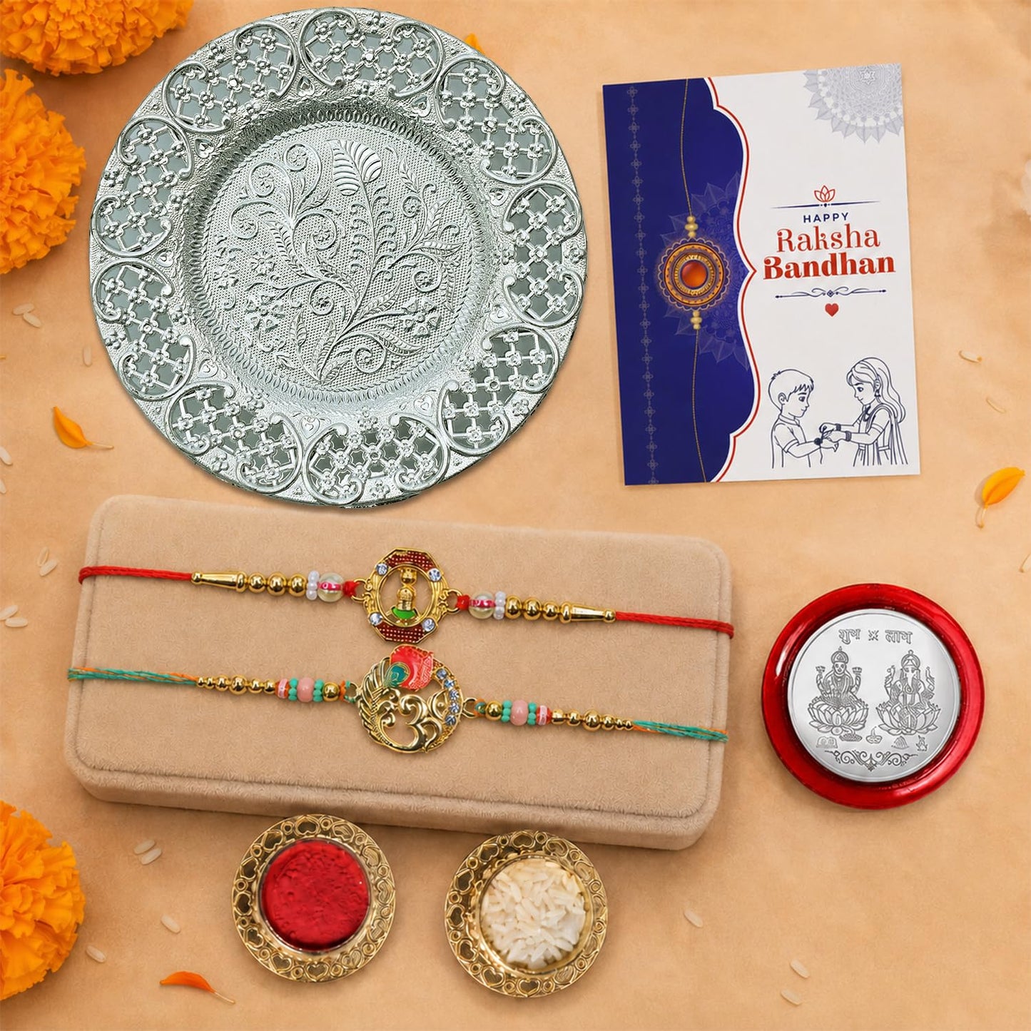 Om, Shivling Multicolor Rakhi for Brother & Bhaiya with Pooja Thali | Pack of 6