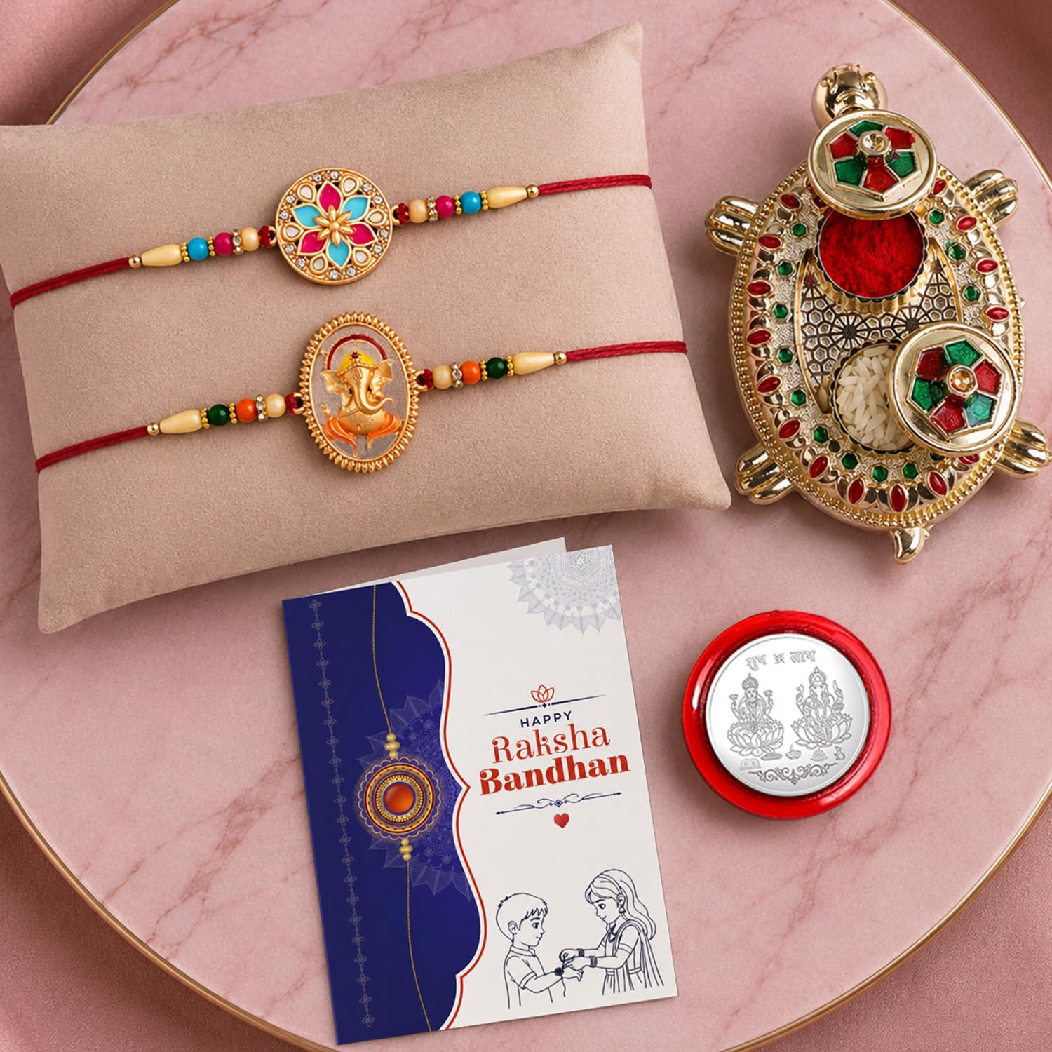 Round Multicolor Rakhi for Brother & Bhaiya with Turtle shape Pooja | Pack of 6