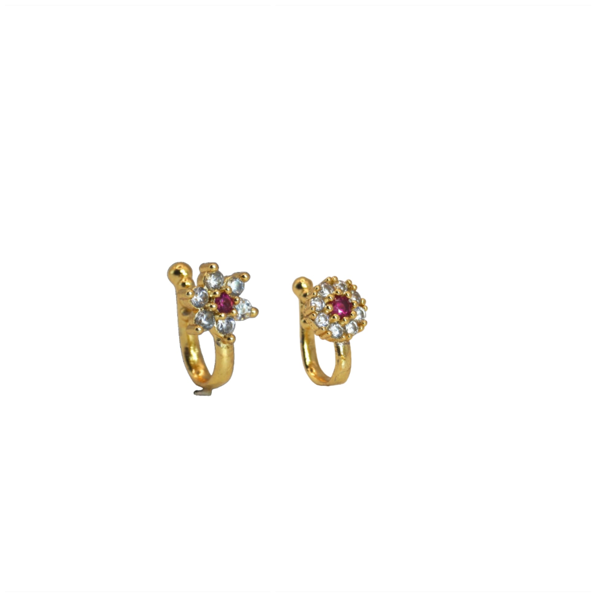 Traditional Ruby & CZ Gold Plated Non-Piercing Nose Ring/Nath Combo Pack of 2