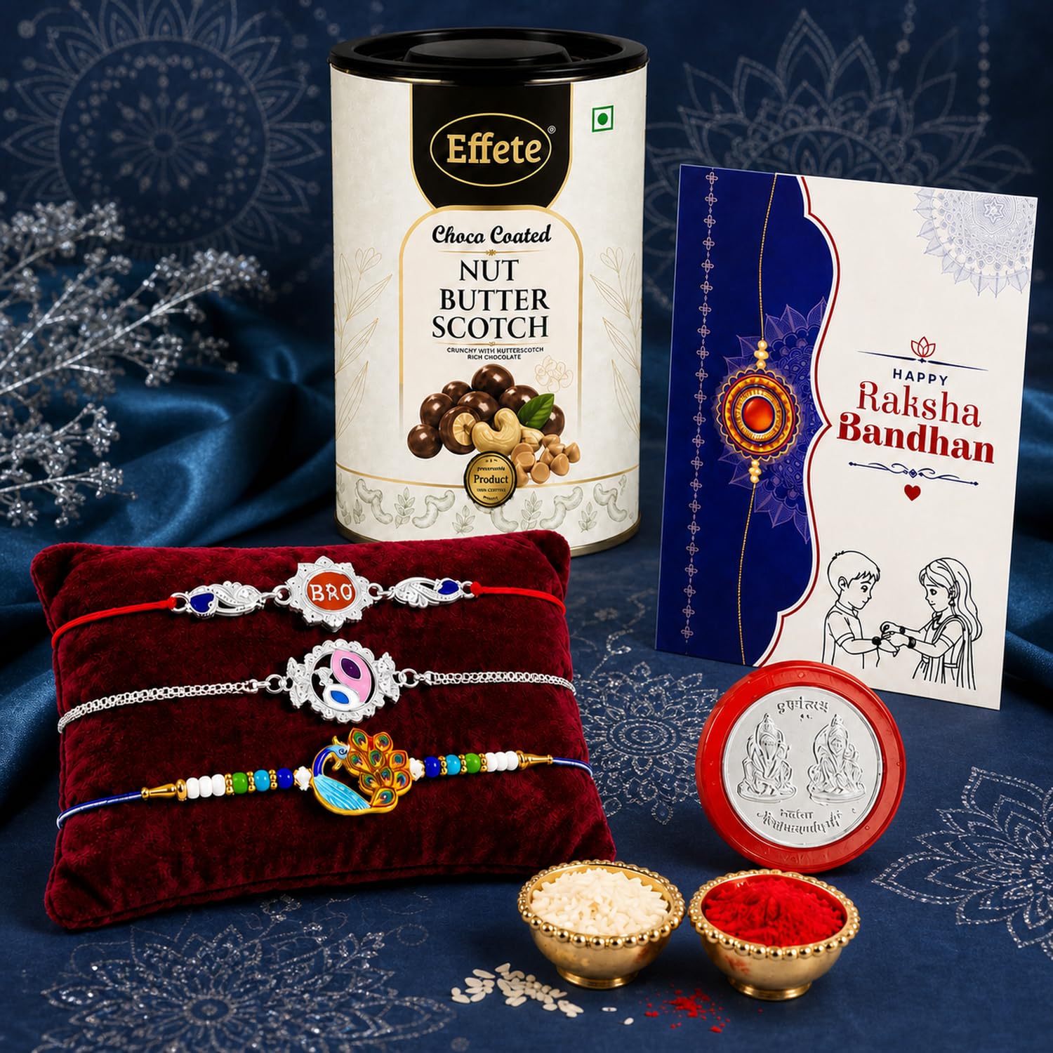 Evil Eye Rakhi for Brother with Butter Scotch 96gm, Roli Tikka & Card, Pack of 7