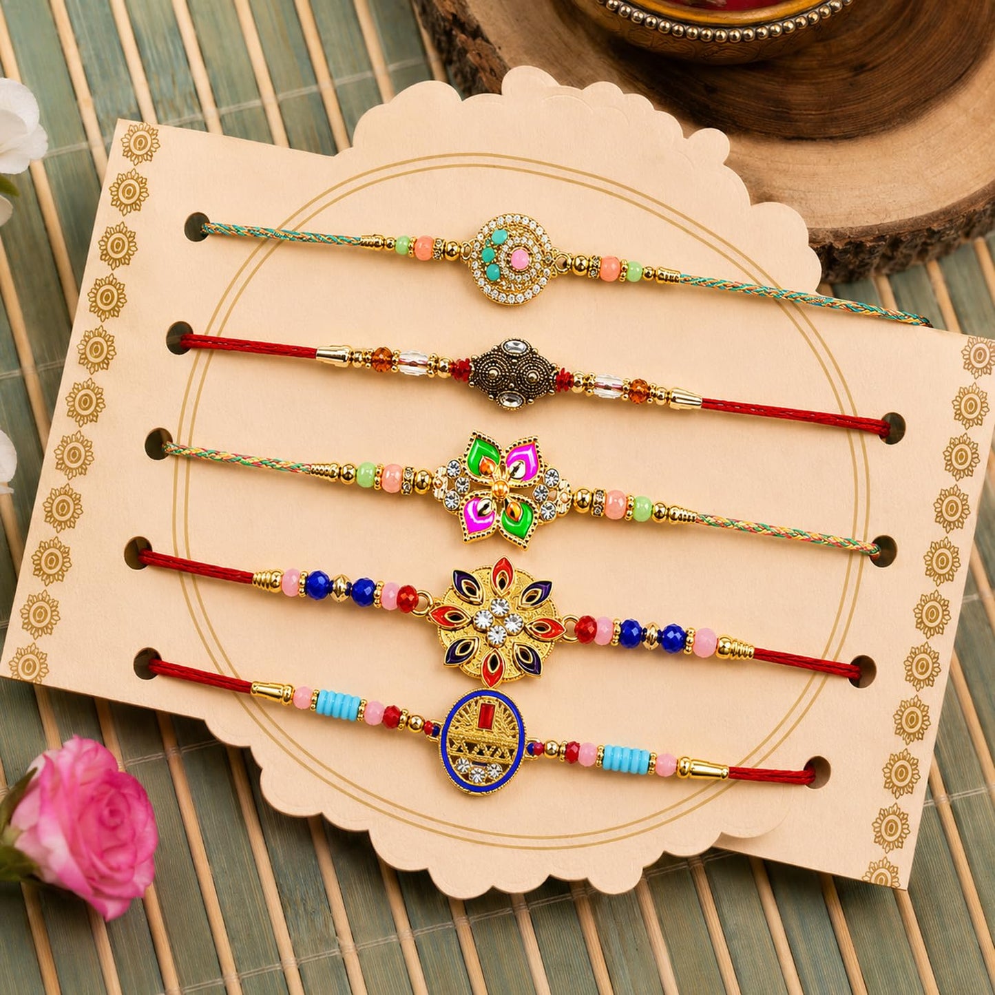 Handcrafted Charming Rakhi for Brother with Roli Tikka & Greeting Card, Pack of 8