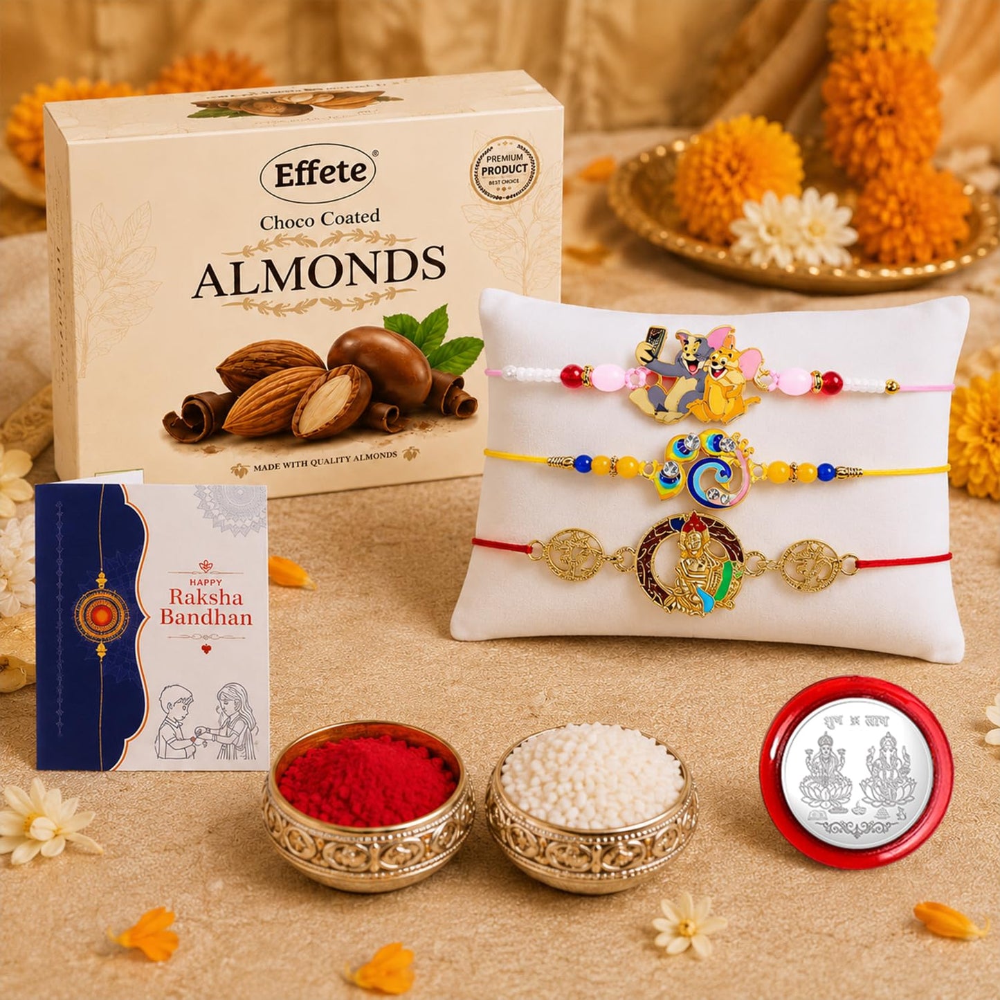 Cartoon Rakhi for Brother with Choco Almonds 32gm, Roli Tikka & Card, Pack of 7