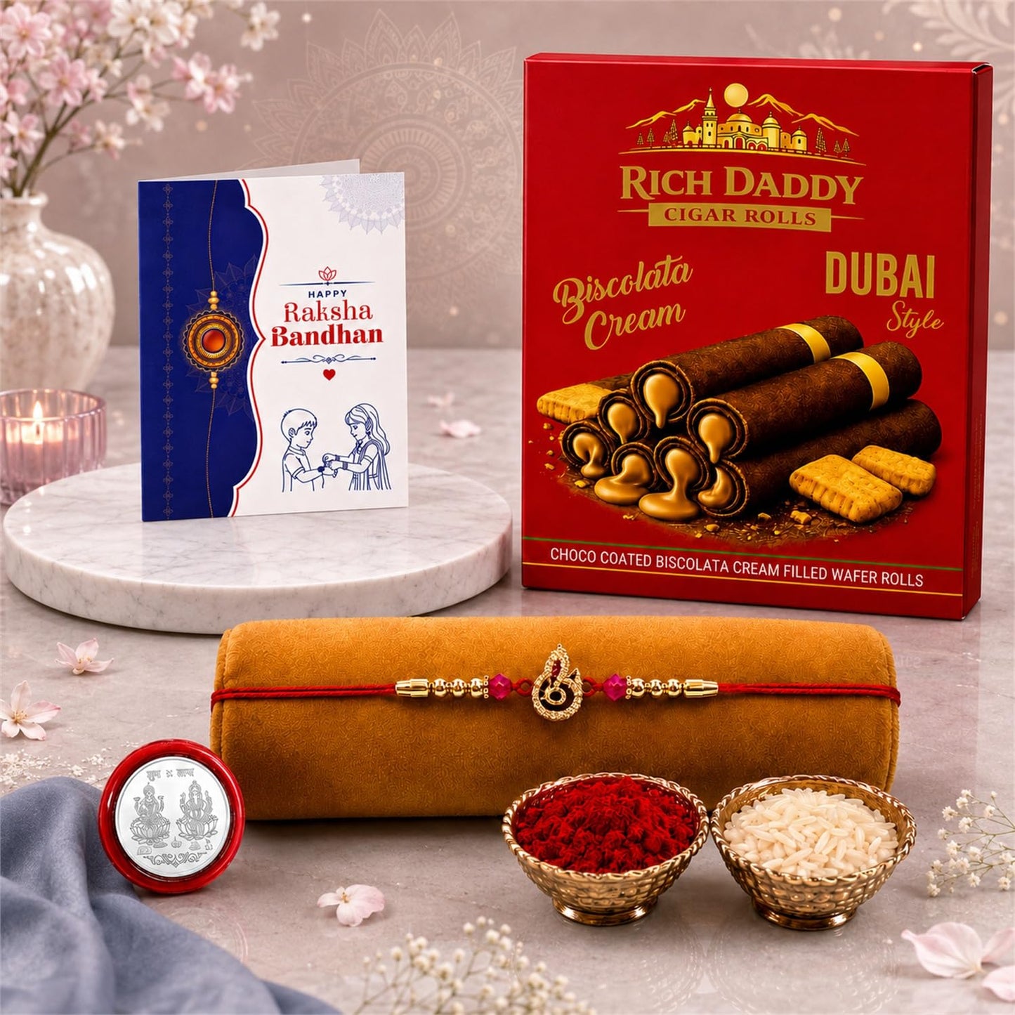 Golden Feather Rakhi for Brother with Biscolata Cream Wafer Rolls, Pack of 5
