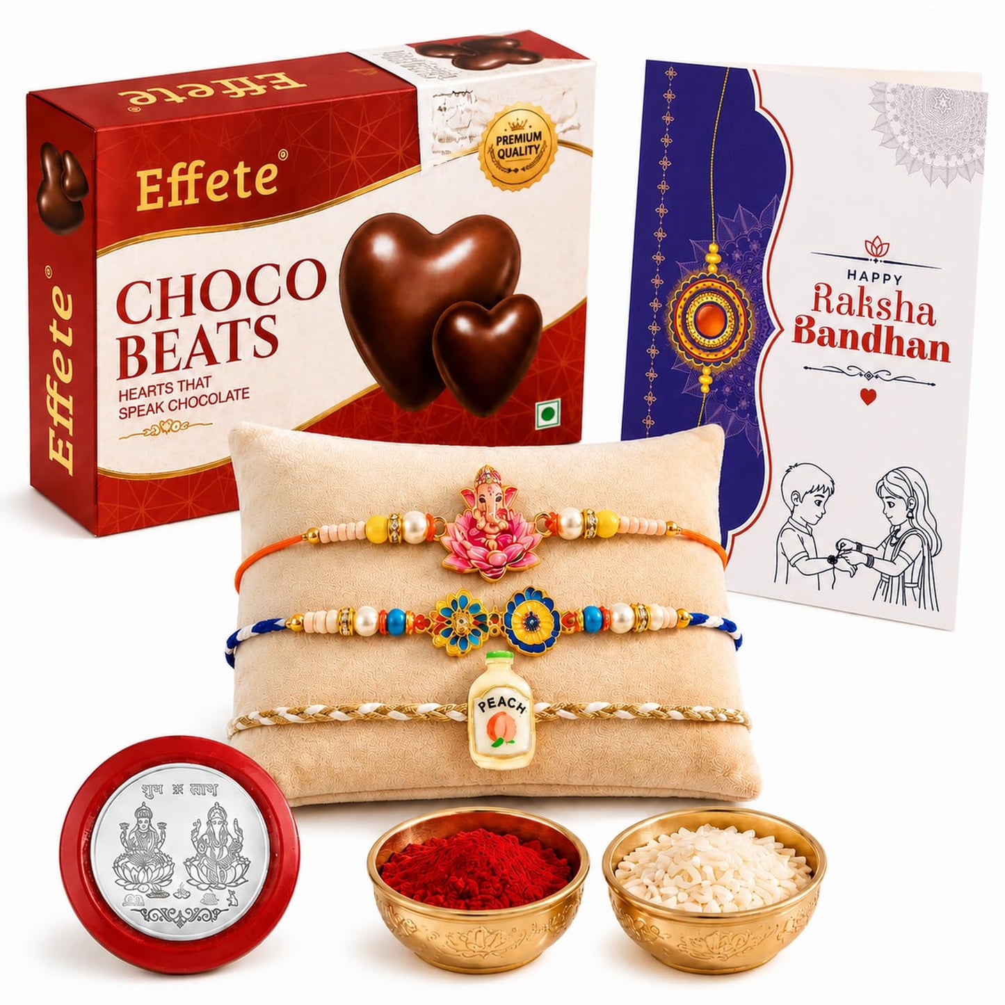 Peacock Rakhi for Brother with Choco Beats 32gm, Roli Tikka & Card | Pack of 7
