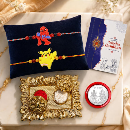 Spider-Man Rakhi for Brother with Pooja Thali, Roli Tikka & Card, Pack of 6