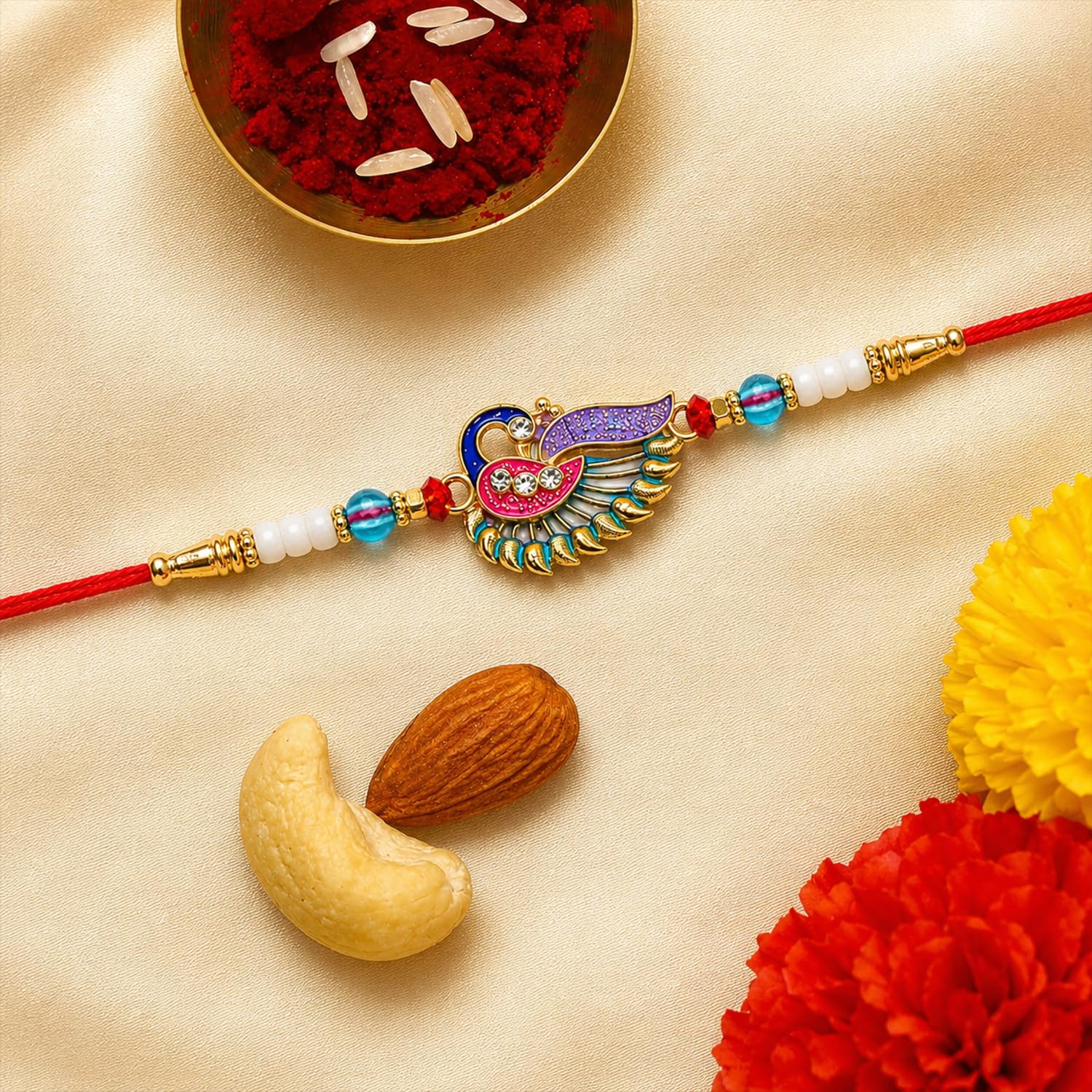 Peacock Multicolor Rakhi for Brother & Bhaiya with Kalash Shape Pooja | Pack of 6