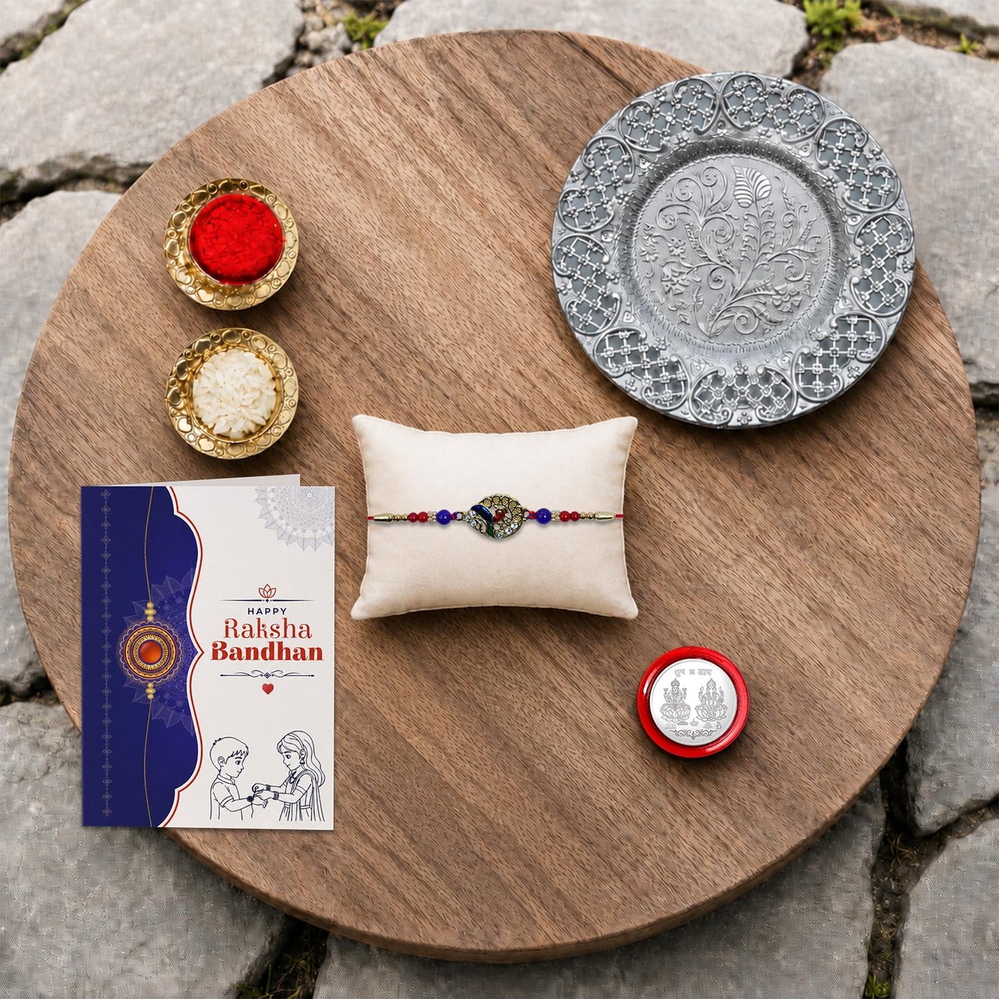 Om Hari Rakhi Combo with Pooja Thali and festive items for Raksha Bandhan.