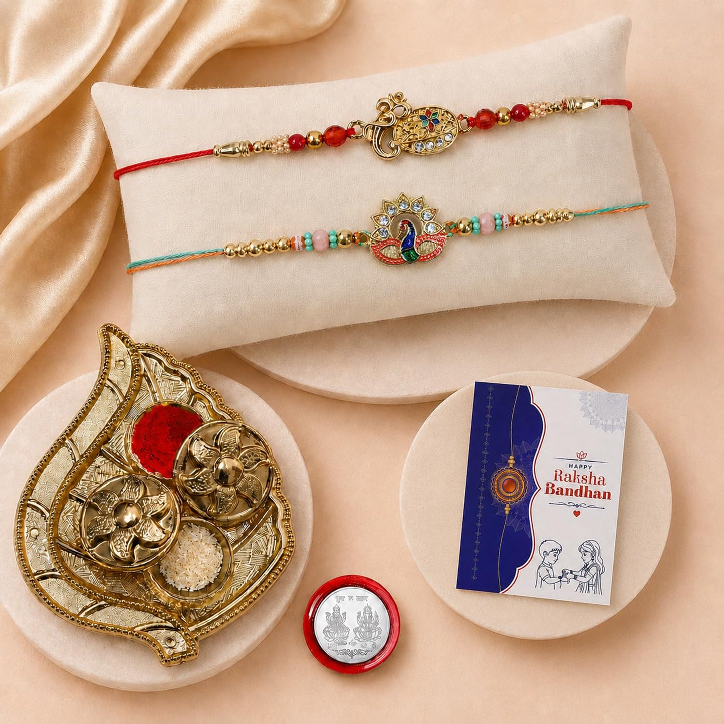 Om Rakhi for Brother with Pooja Thali, Roli Tikka, Pooja Coin & Card, Pack of 6
