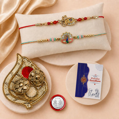 Om Rakhi for Brother with Pooja Thali, Roli Tikka, Pooja Coin & Card, Pack of 6