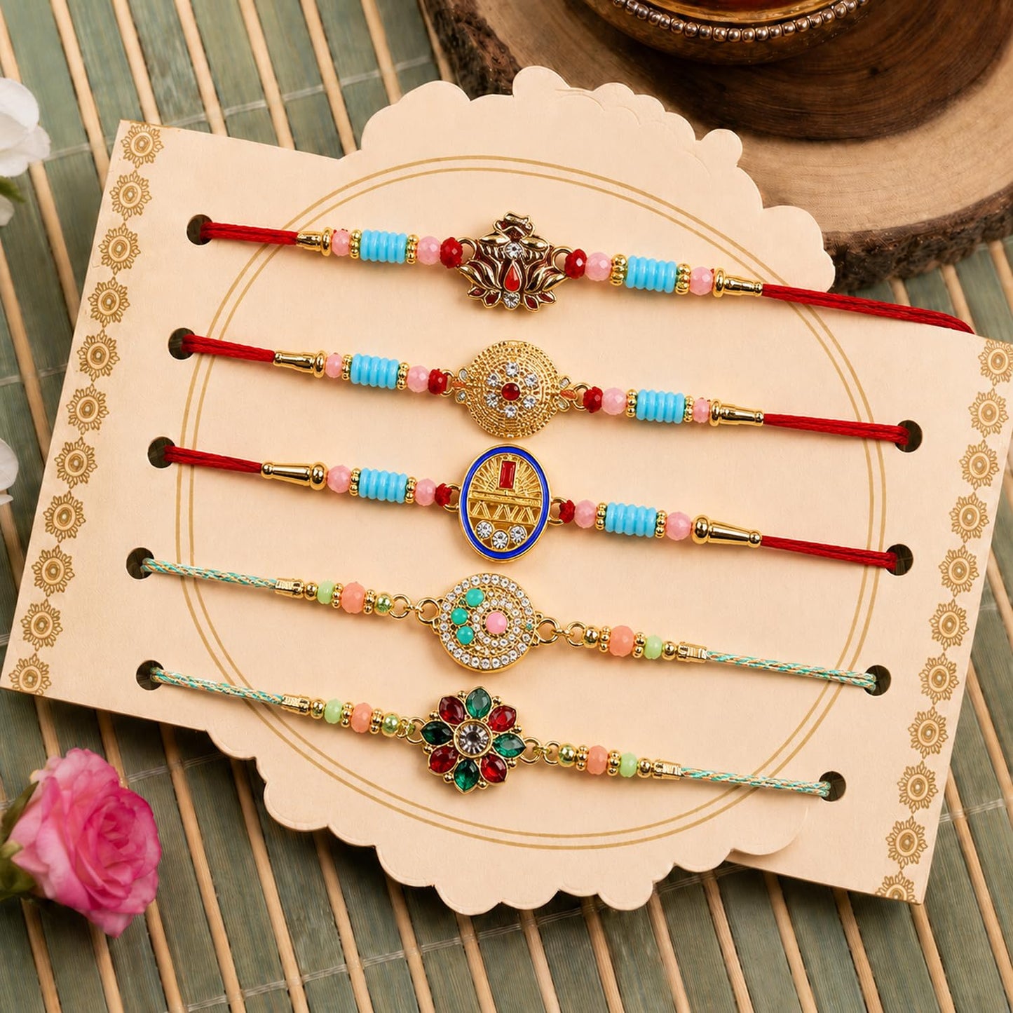 Handcrafted Designer Rakhi for Brother with Roli Tikka & Greeting Card, Pack of 8