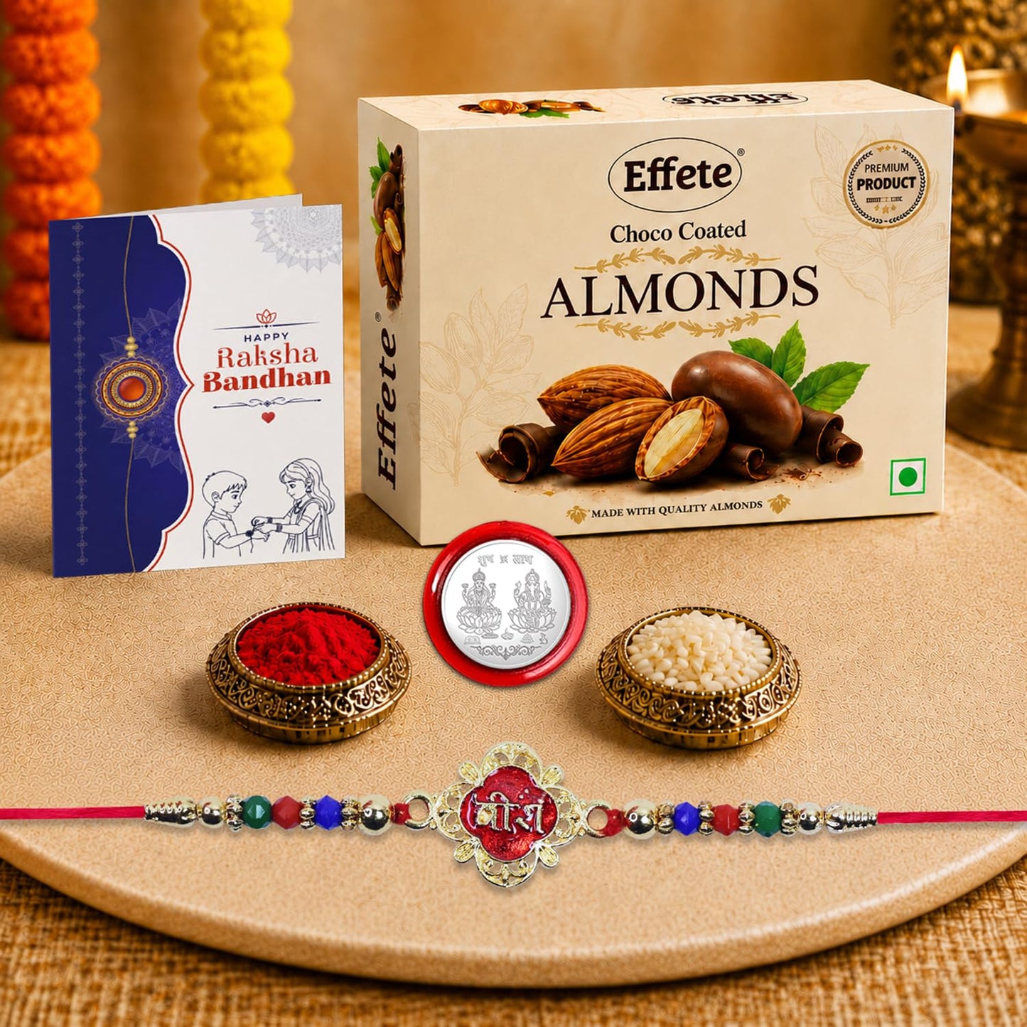 Veera Rakhi for Brother with Choco Almonds 32gm, Roli Chawal & Card | Pack of 5