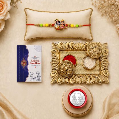 Radhe Krishna Rakhi for Brother with Pooja Thali, Roli Tikka & Card, Pack of 5