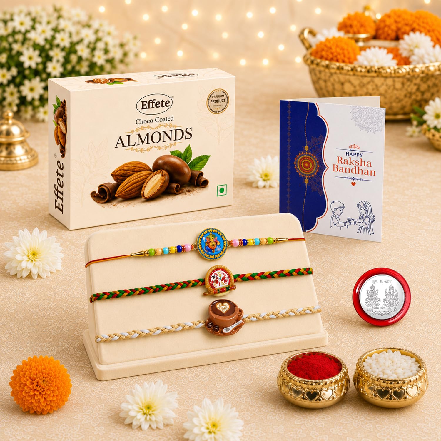 Ganesh Charm Rakhi for Brother with Choco Almonds 32gm, Coin & Card, Pack of 7