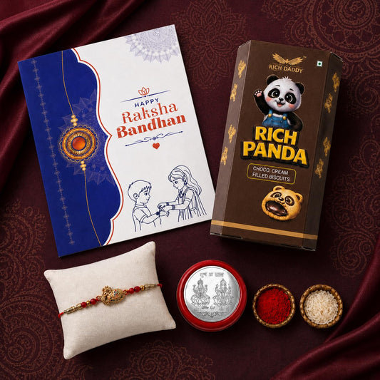 Om Rakhi for Brother with Choco Cream Biscuit 60gm, Roli Tikka & Card, Pack of 5