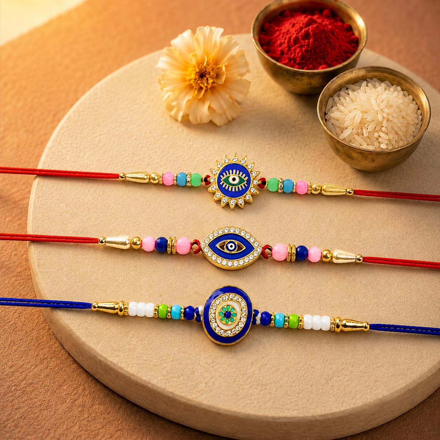 Designer Stylish Multicolor Evil Eye Rakhi for Brother with Roli Tikka, Pack of 6