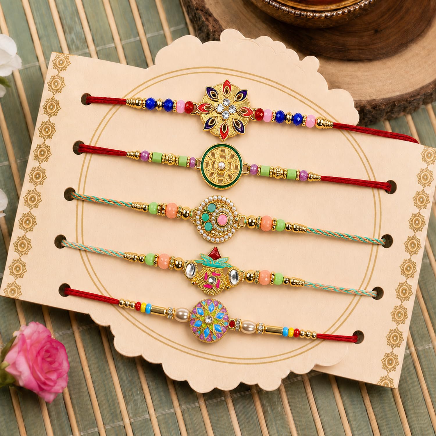 Handcrafted Ethnic Rakhi for Brother with Roli Tikka & Greeting Card, Pack of 8