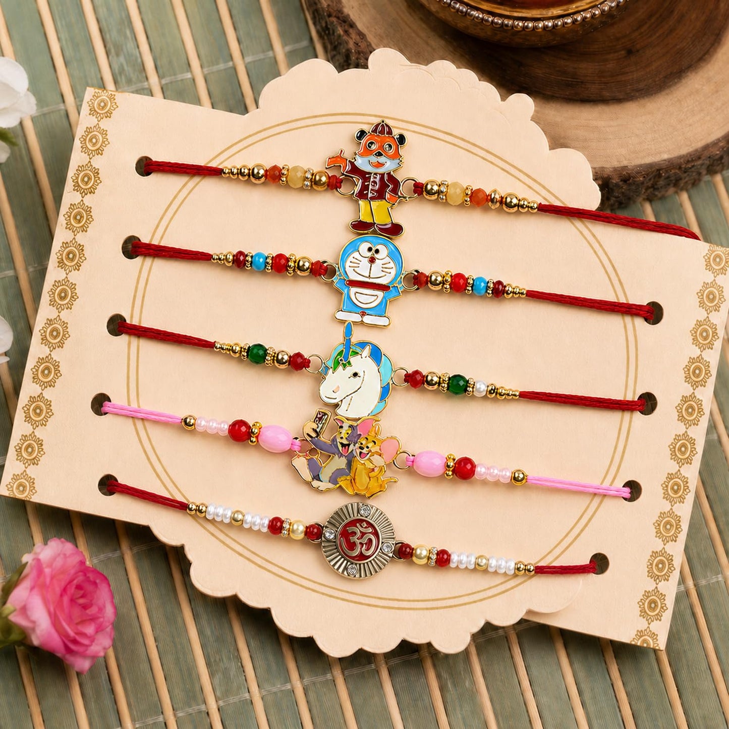 Handcrafted Adorable Rakhi for Brother with Roli Tikka & Greeting Card, Pack of 8