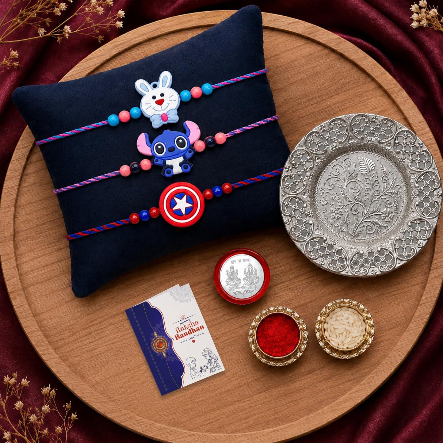 Kids Multicolor Rakhi for Brother & Bhaiya with Pooja Thali - Raksha | Pack of 7