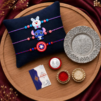 Kids Multicolor Rakhi for Brother & Bhaiya with Pooja Thali - Raksha | Pack of 7