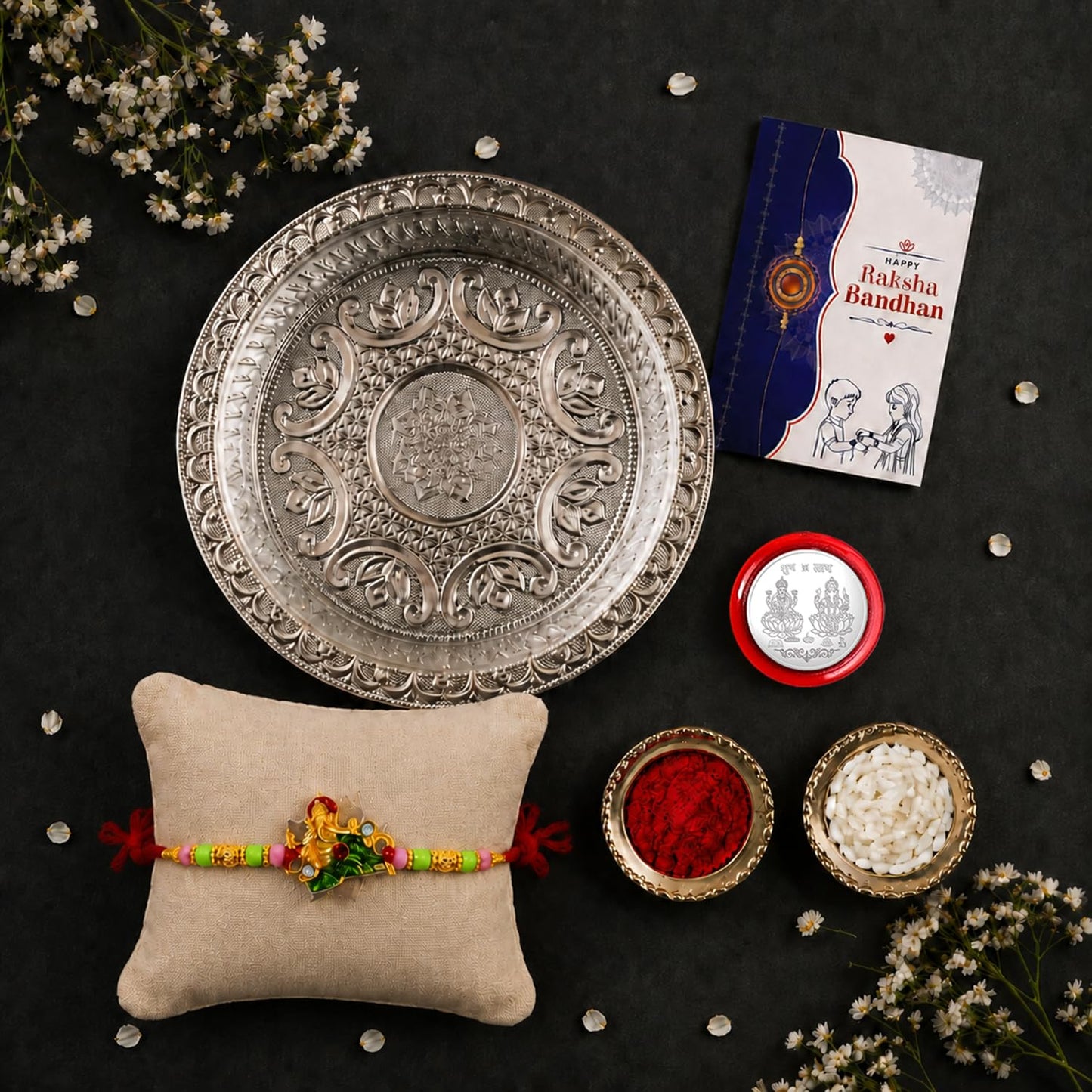 Multicolor Ganesha Bracelet/Rakhi & Silver Color Pooja Thali with Silver Color Pooja Coin, Tikka/Tilak Set & Greeting Card, Rakhi Gift Hamper (Pack of 5) For Raksha Bandhan