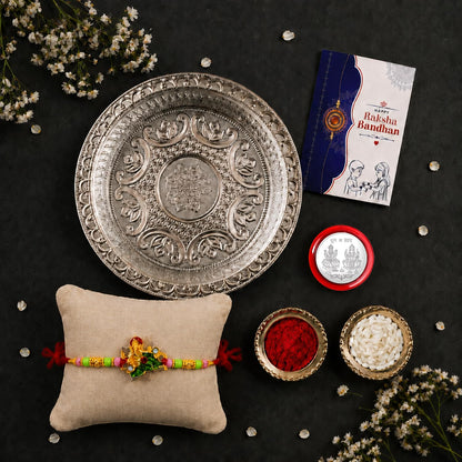 Multicolor Ganesha Bracelet/Rakhi & Silver Color Pooja Thali with Silver Color Pooja Coin, Tikka/Tilak Set & Greeting Card, Rakhi Gift Hamper (Pack of 5) For Raksha Bandhan