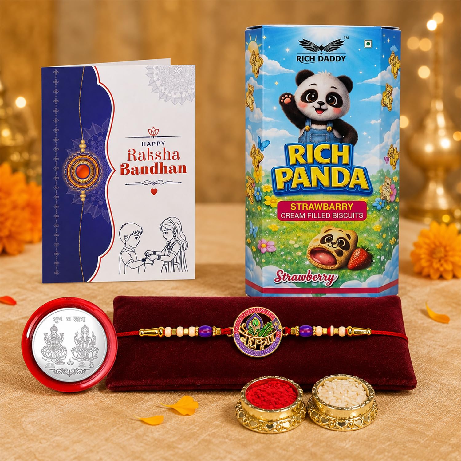 Radha Krishna Rakhi for Brother with Strawberry Cream Biscuit 60gm, Pack of 5