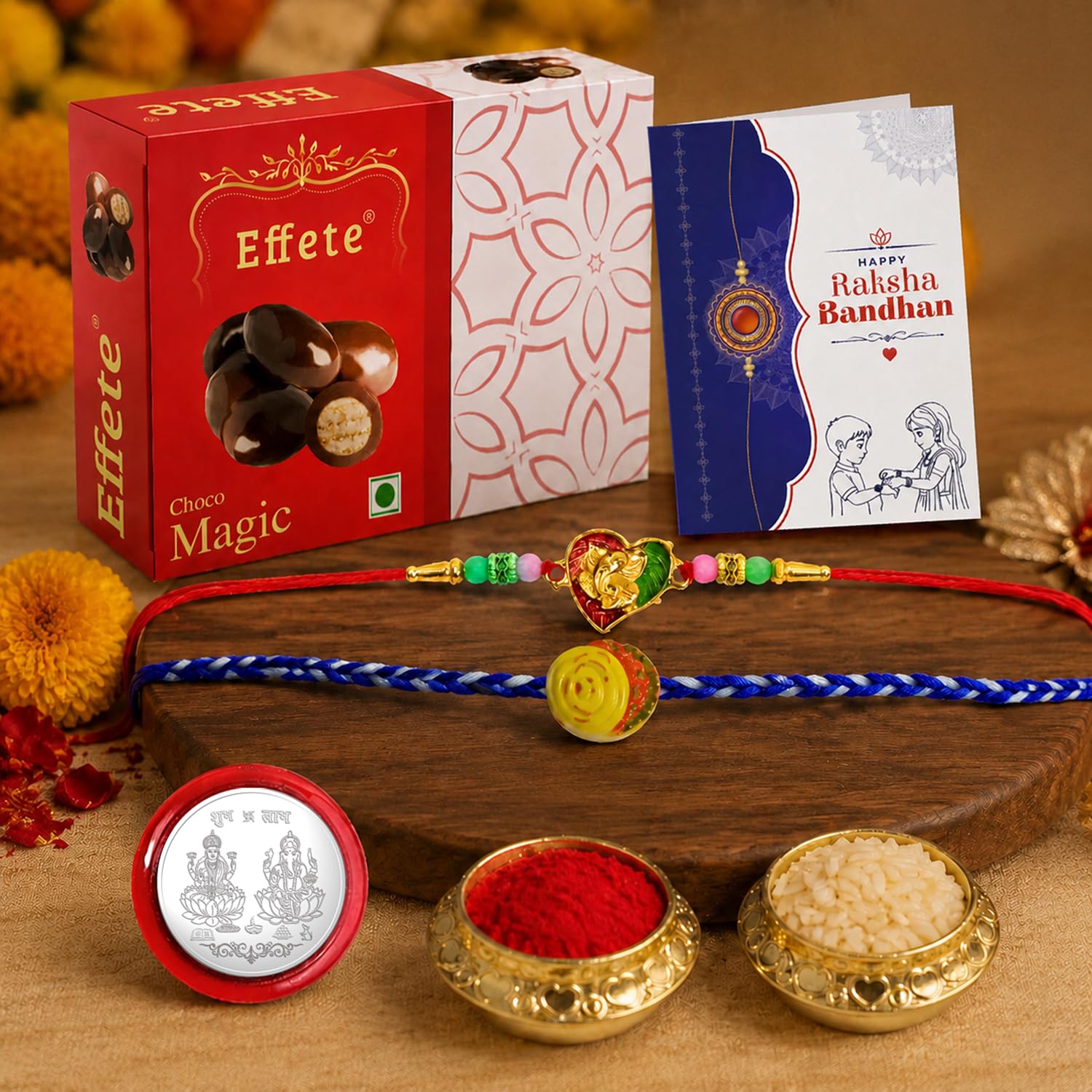 Heart Rakhi for Brother with Chocolate Magic 32gm, Roli Tikka & Card, Pack of 6