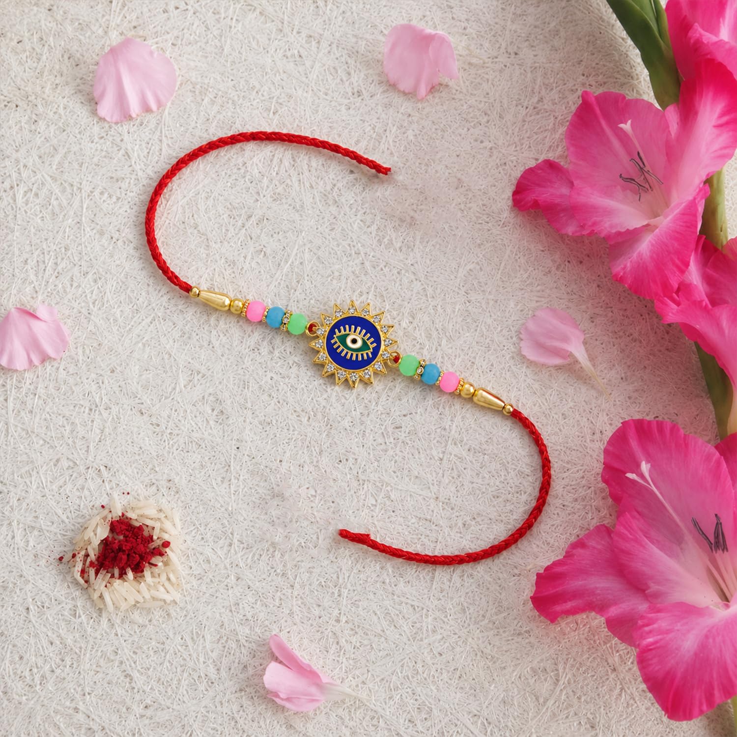 Evil Eye Multicolor Rakhi for Brother & Bhaiya with Golden Pooja | Pack of 5