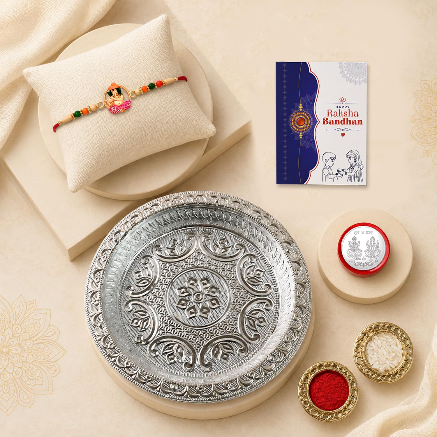 Flower Multicolor Rakhi for Brother & Bhaiya with Silver Color Pooja | Pack of 5