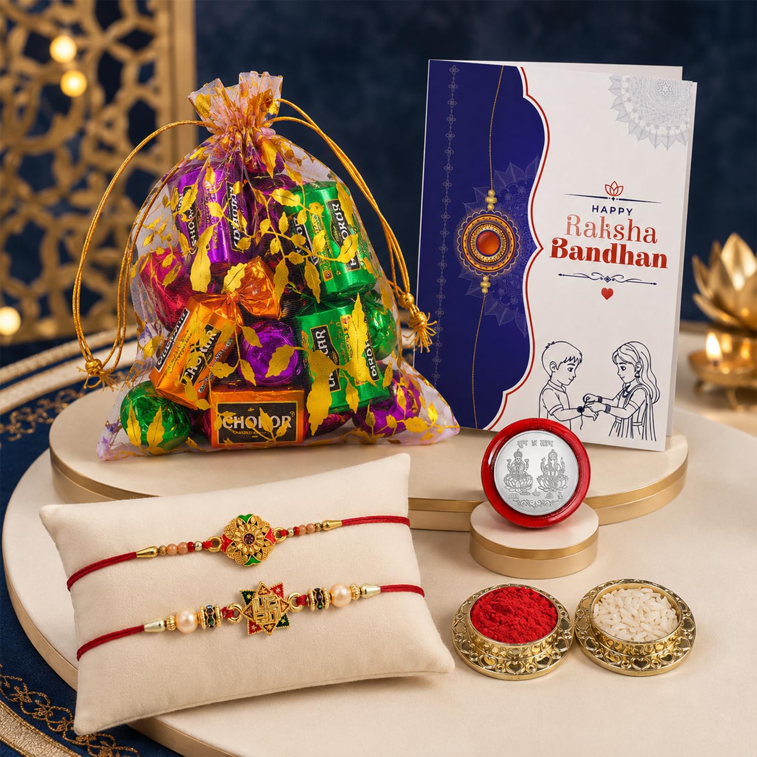 Round Rakhi for Brother with Assorted Treats 10pcs, Roli Tikka & Card | Pack of 6