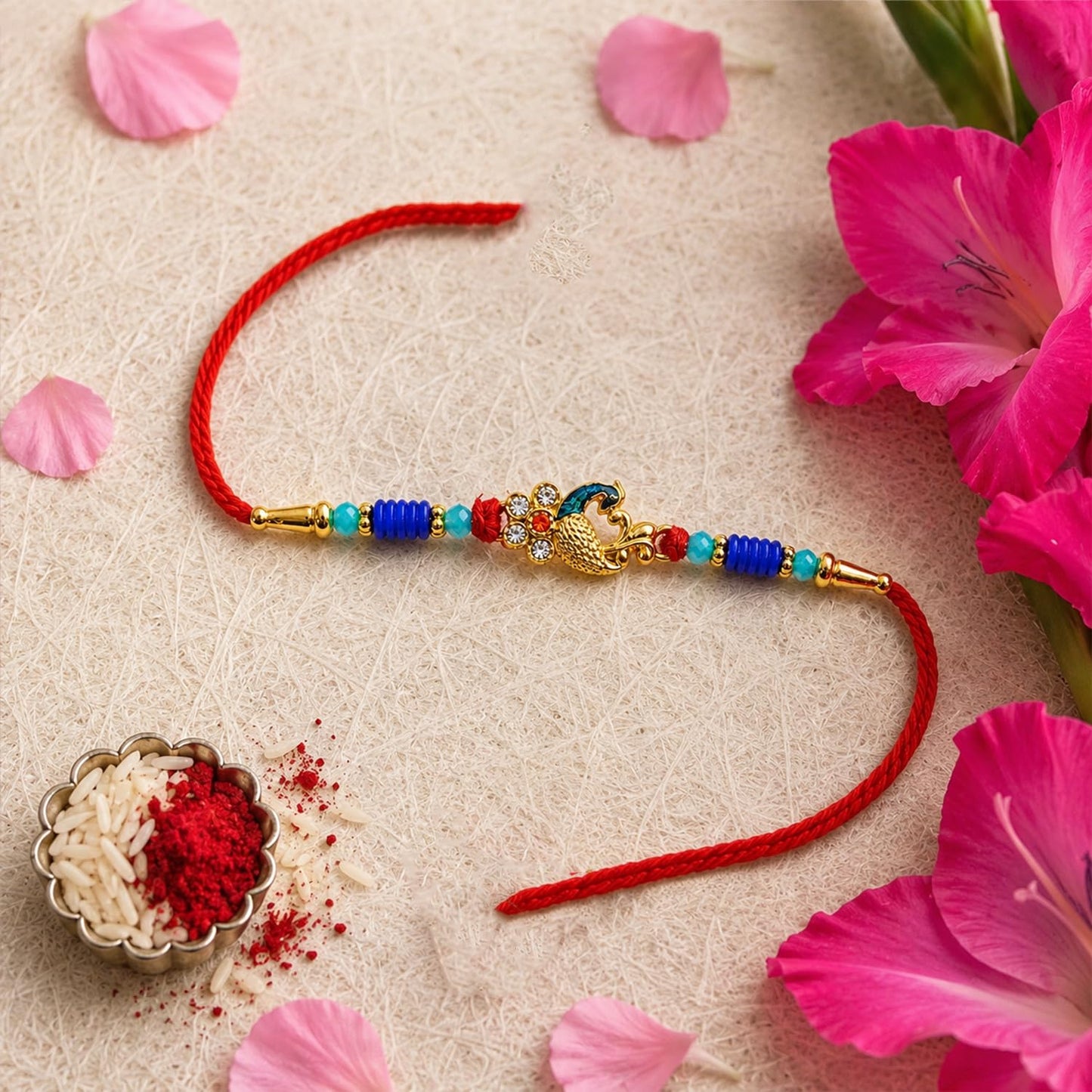 Designer Multicolor Peacock, Lotus & Ganesha Rakhi Combo for Brother | Pack of 7