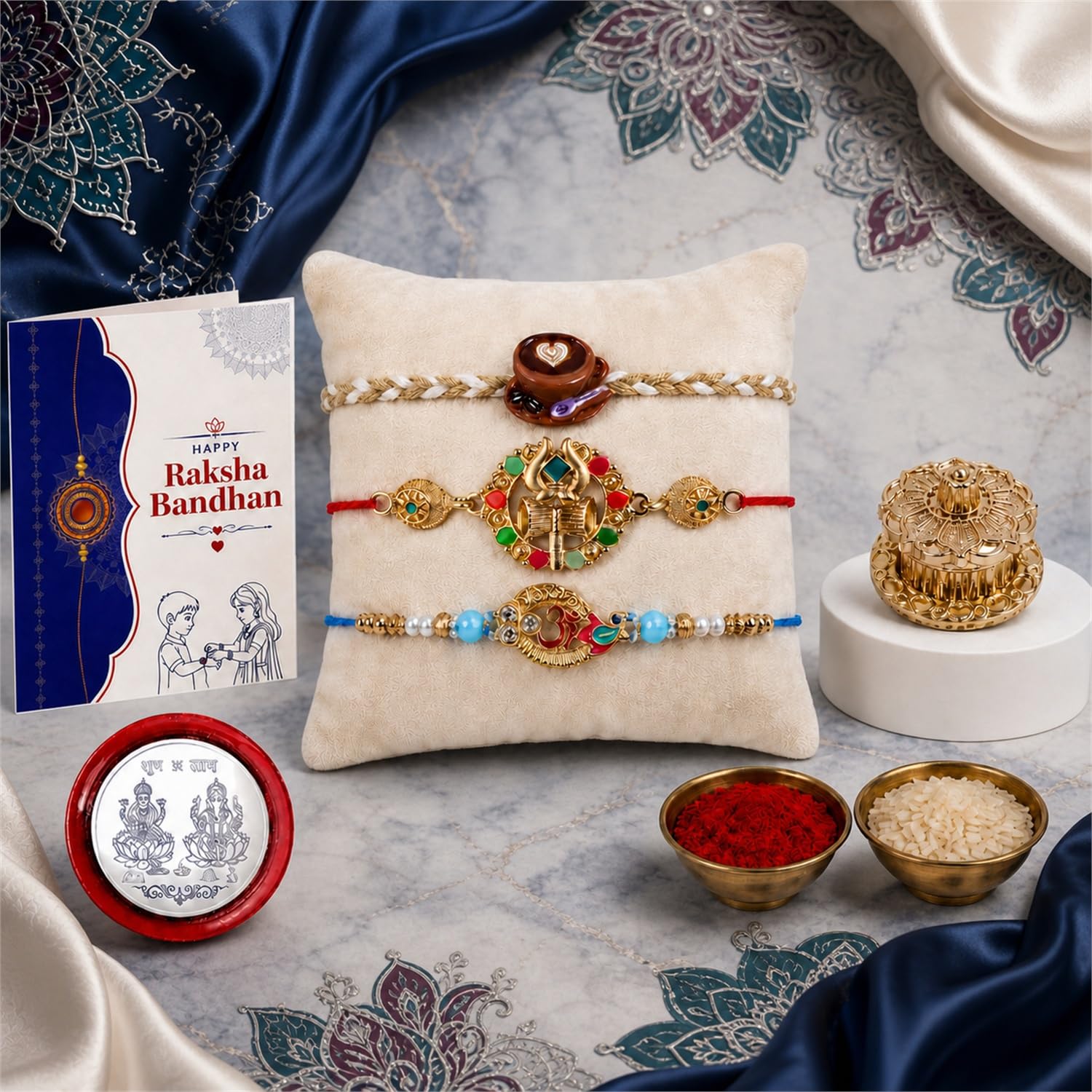 Coffee Cup, Om Rakhi Combo - Raksha Bandhan Gift with Golden Pooja Kankavati, Pack of 7