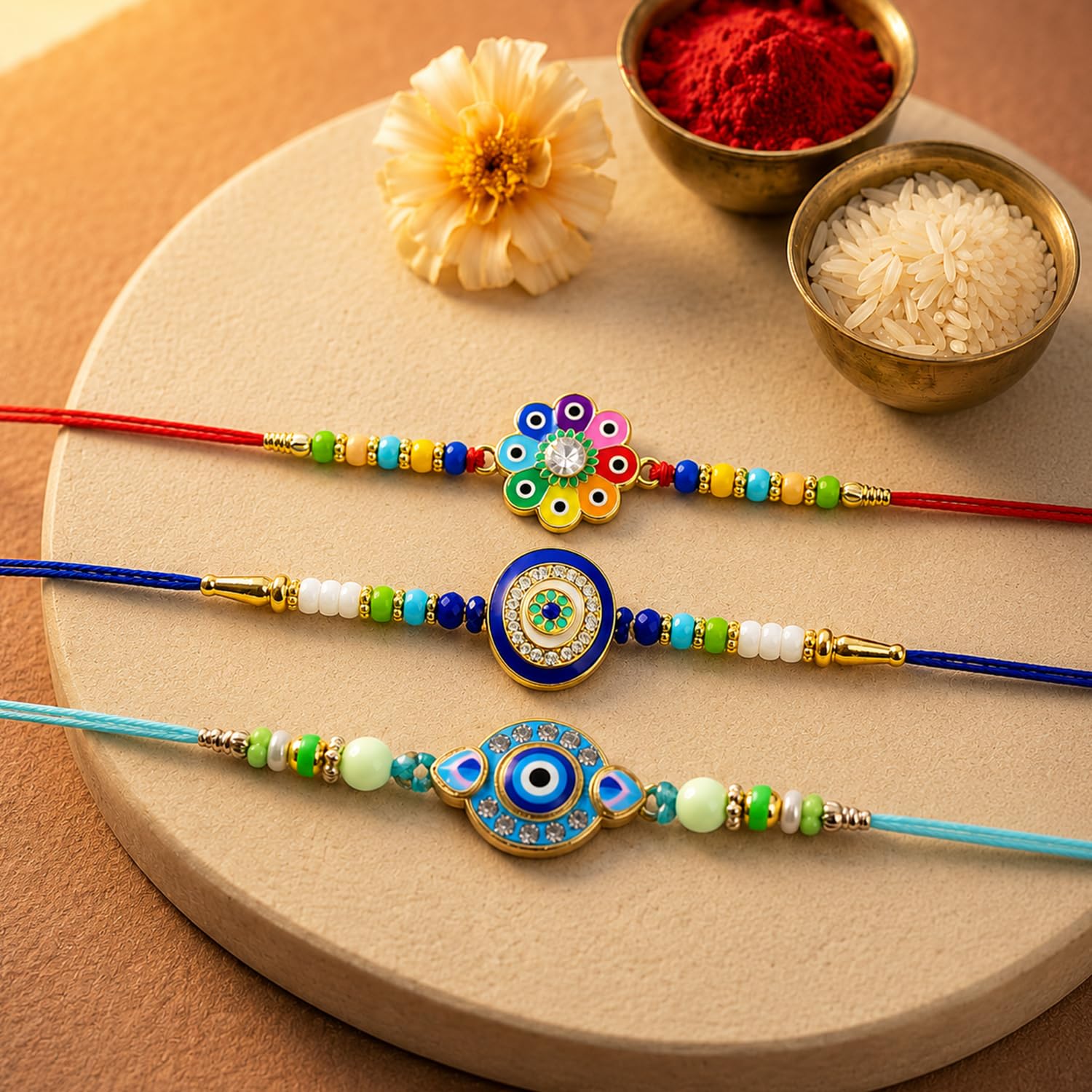 Designer Stylish Multicolor Flower & Rakhi for Brother with Roli Tikka, Pack of 6
