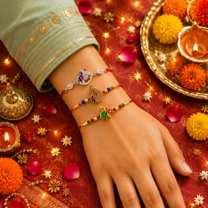 Designer Adorable Multicolor Peacock Rakhi for Brother with Roli Tikka, Pack of 6