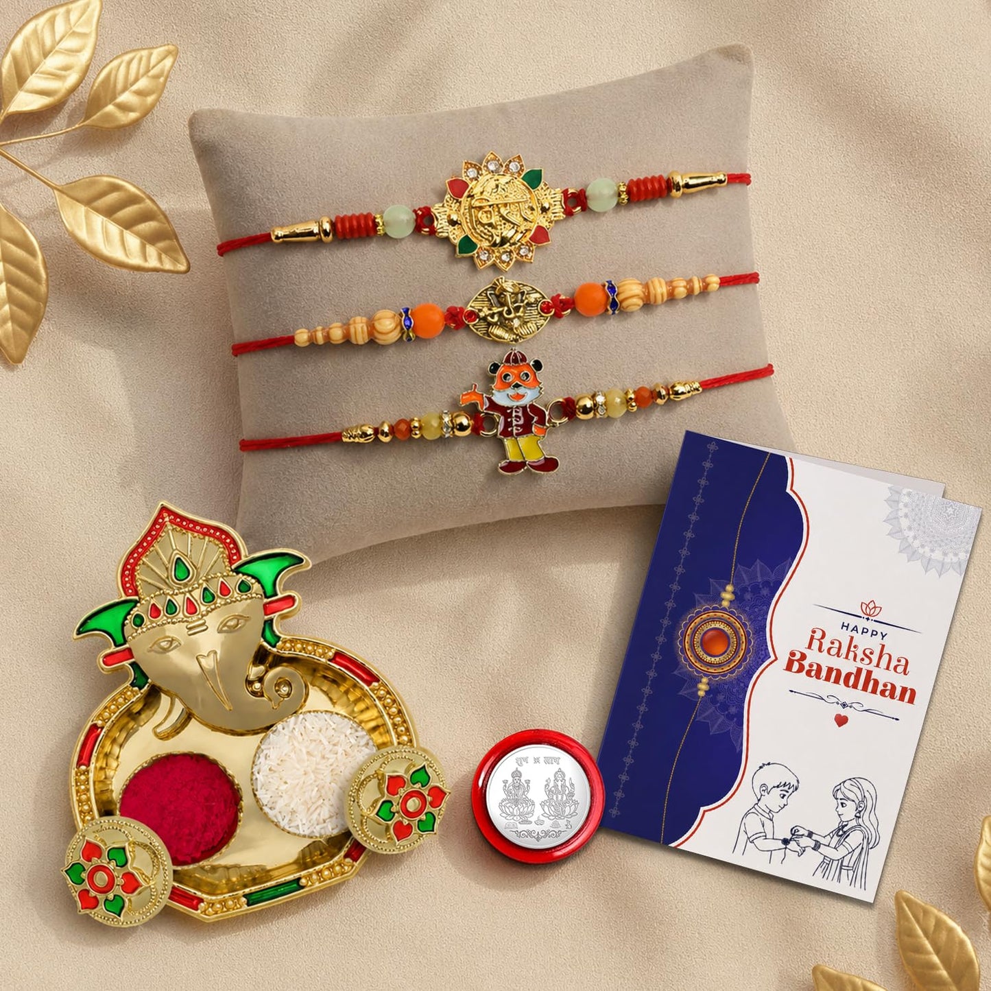 Golden Color, Ganesha, Kids Multicolor Rakhi for Brother & Bhaiya | Pack of 7