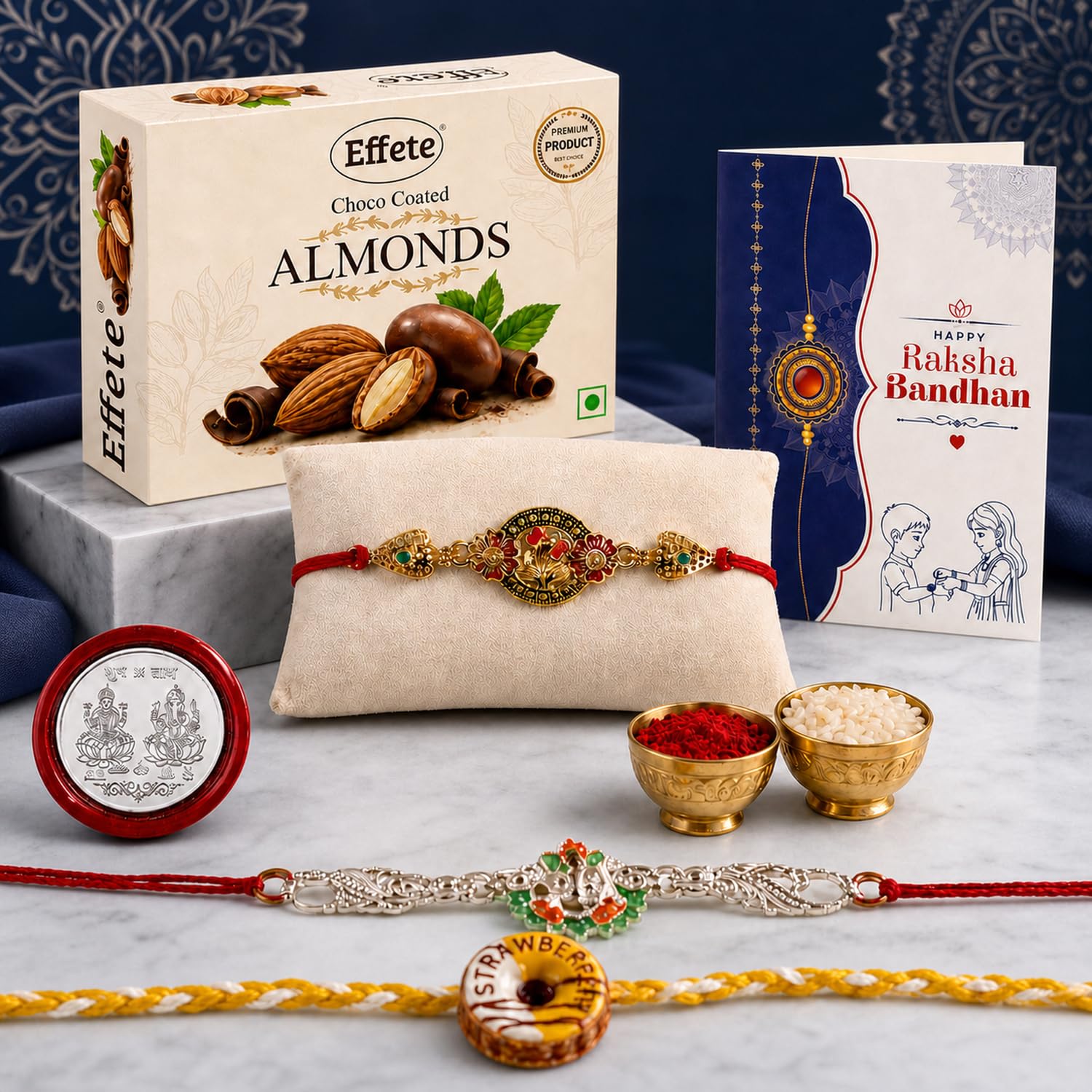 Donut Rakhi for Brother with Chocolate Almonds 32gm, Roli Tikka & Card, Pack of 7