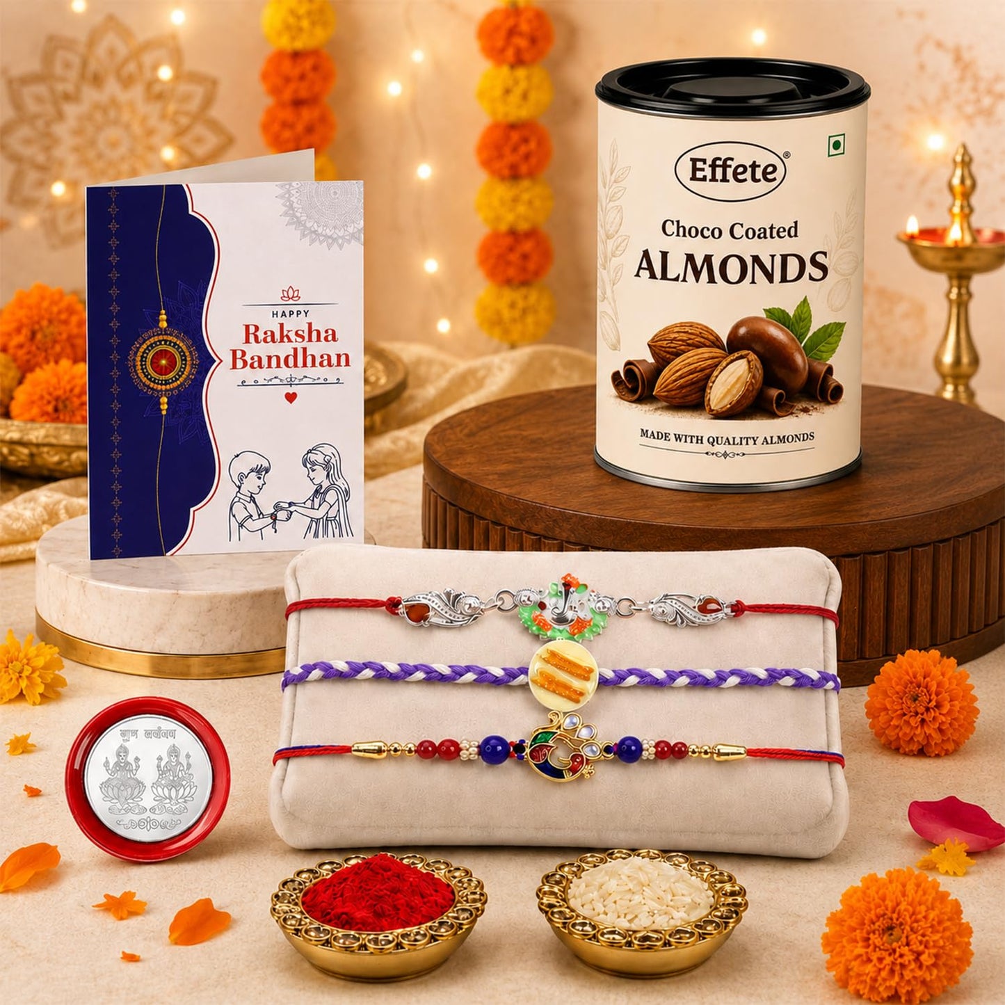 Ganesh Charm Rakhi for Brother with Choco Almonds 96gm, Coin & Card, Pack of 7