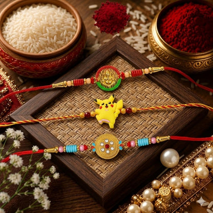 Ganesha Rakhi for Brother with Chocolate Magic 96gm, Roli Tikka & Card, Pack of 7