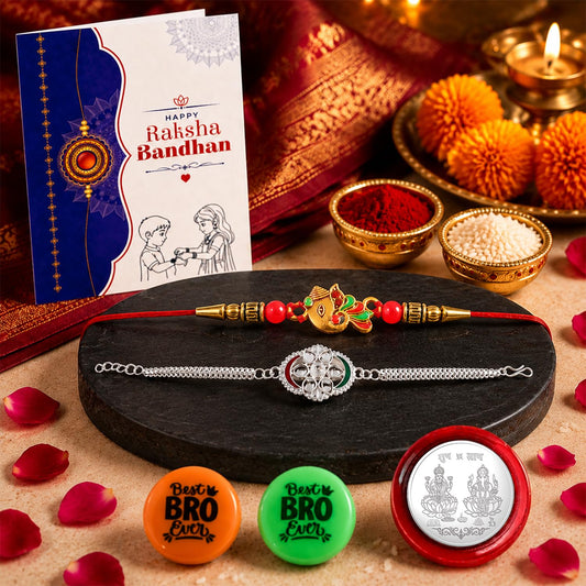 Rakhi Set for Brother (Set of 2) – Ganesh & Flower Style Rakhi Combo with Roli Chawal, Silver Color Coin, Multicolour Magnets & Greeting Card – Traditional Raksha Bandhan Gift Hamper for Bhai