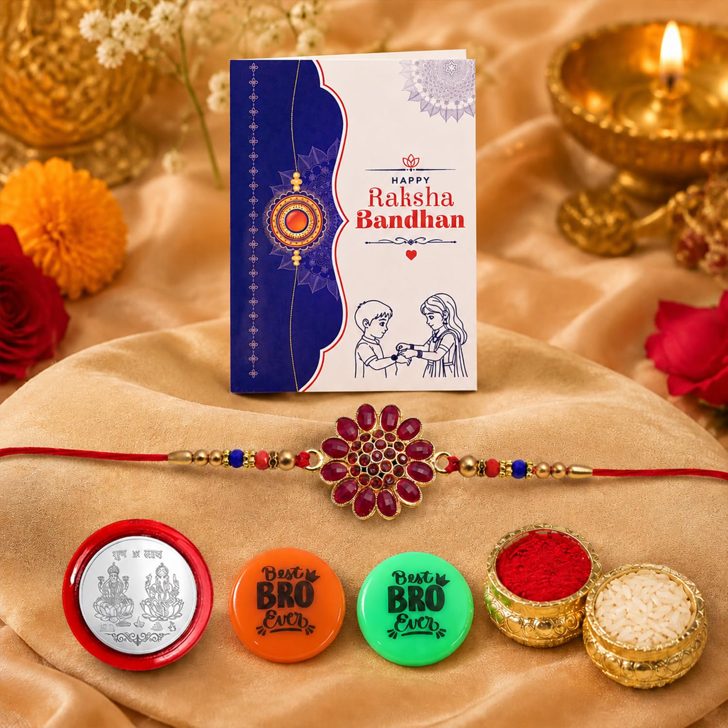 Rakhi Set for Brother (Set of 1) – Flower Shape Rakhi Combo with Roli Chawal