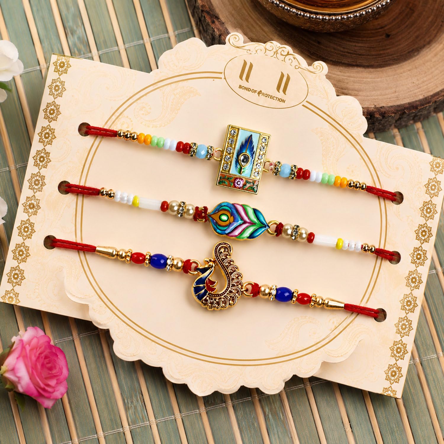 Designer Elegant Multicolor Feather Rakhi for Brother with Roli Tikka, Pack of 6
